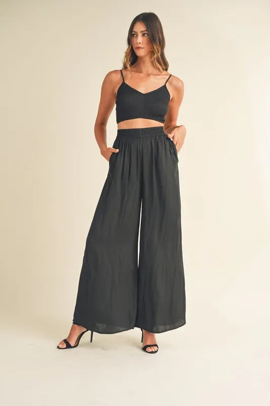 Mable Smocked Bralette Crop Top and Wide Leg Pants Set in Black