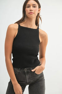 Black High Neck Ribbed Knit Tank
