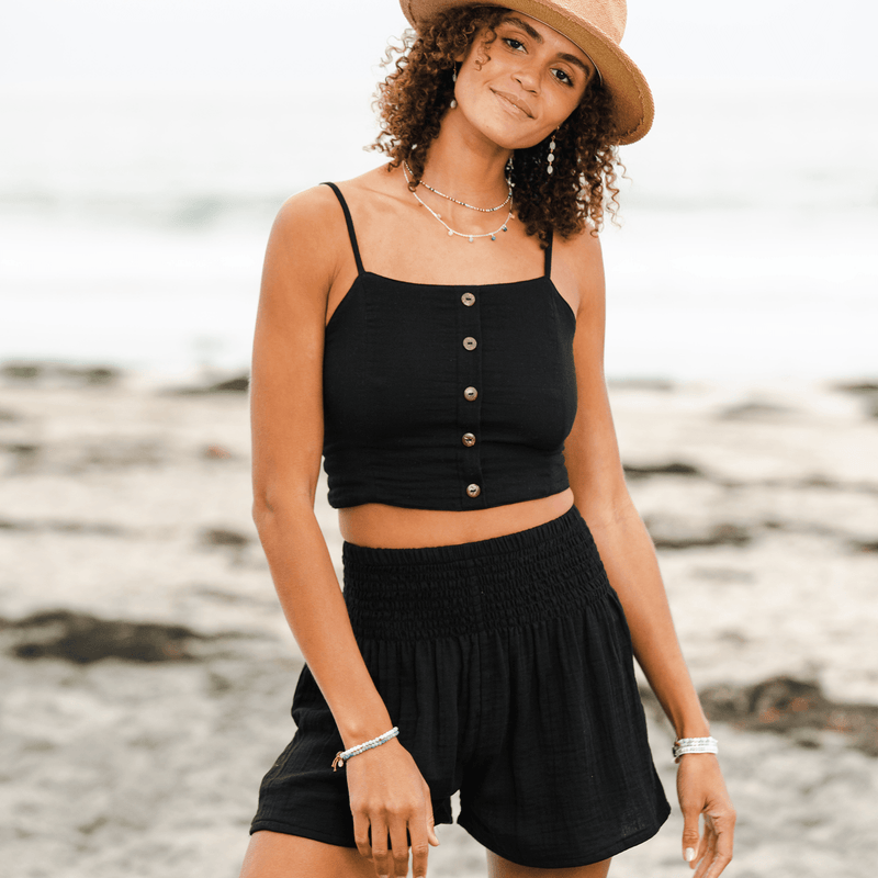 Lotus and Luna Black Cruisin Cotton Crop Top & Shorts Lounge Set
