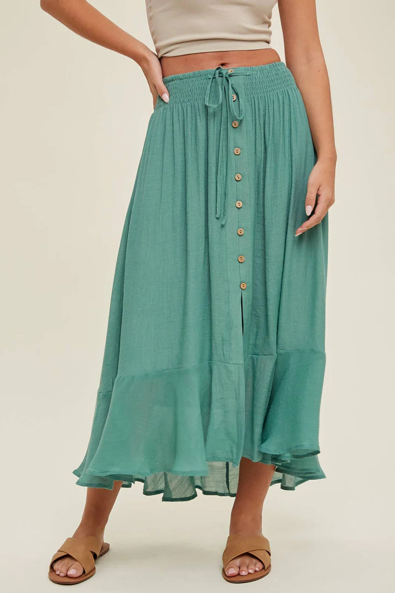 Pistachio Button Up Smocked Waist Midi Skirt