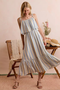 So Me Nautical Stripe Tiered Shoulder Tie Midi Dress