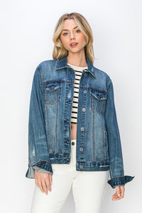 RISEN Relaxed Fit Vintage Wash Denim Jacket. Vintage wash denim jacket with a button down front, button cuffs, front button pockets, additional side pockets, and a relaxed fit. 