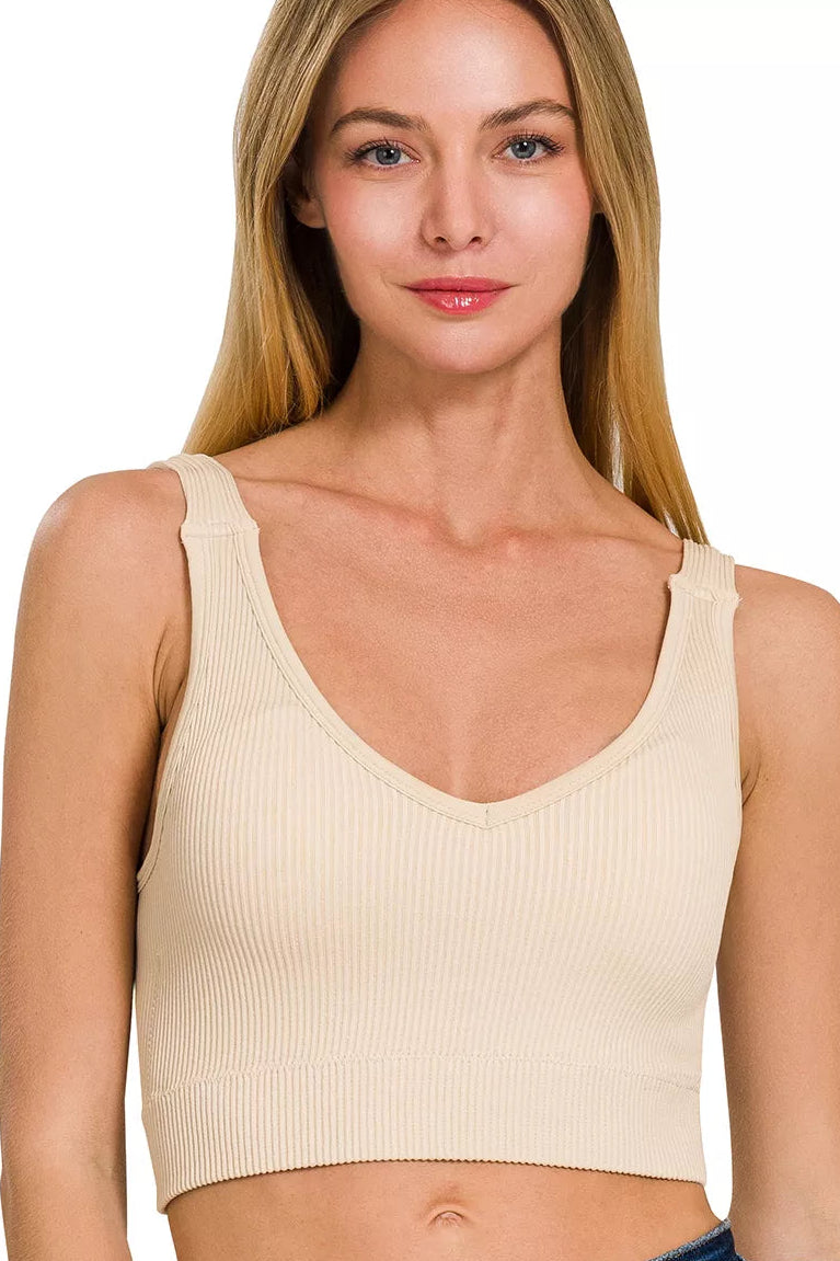 Zenana Seamless Ribbed Cropped Bra Padded V-Neck Tank in Sand Beige