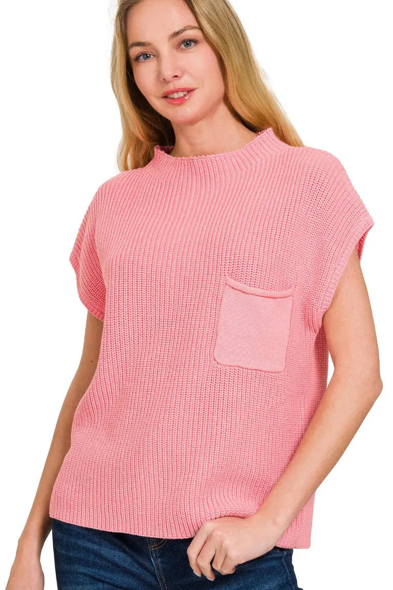 Zenana Mock Neck Short Sleeve Sweater in Dark Pink