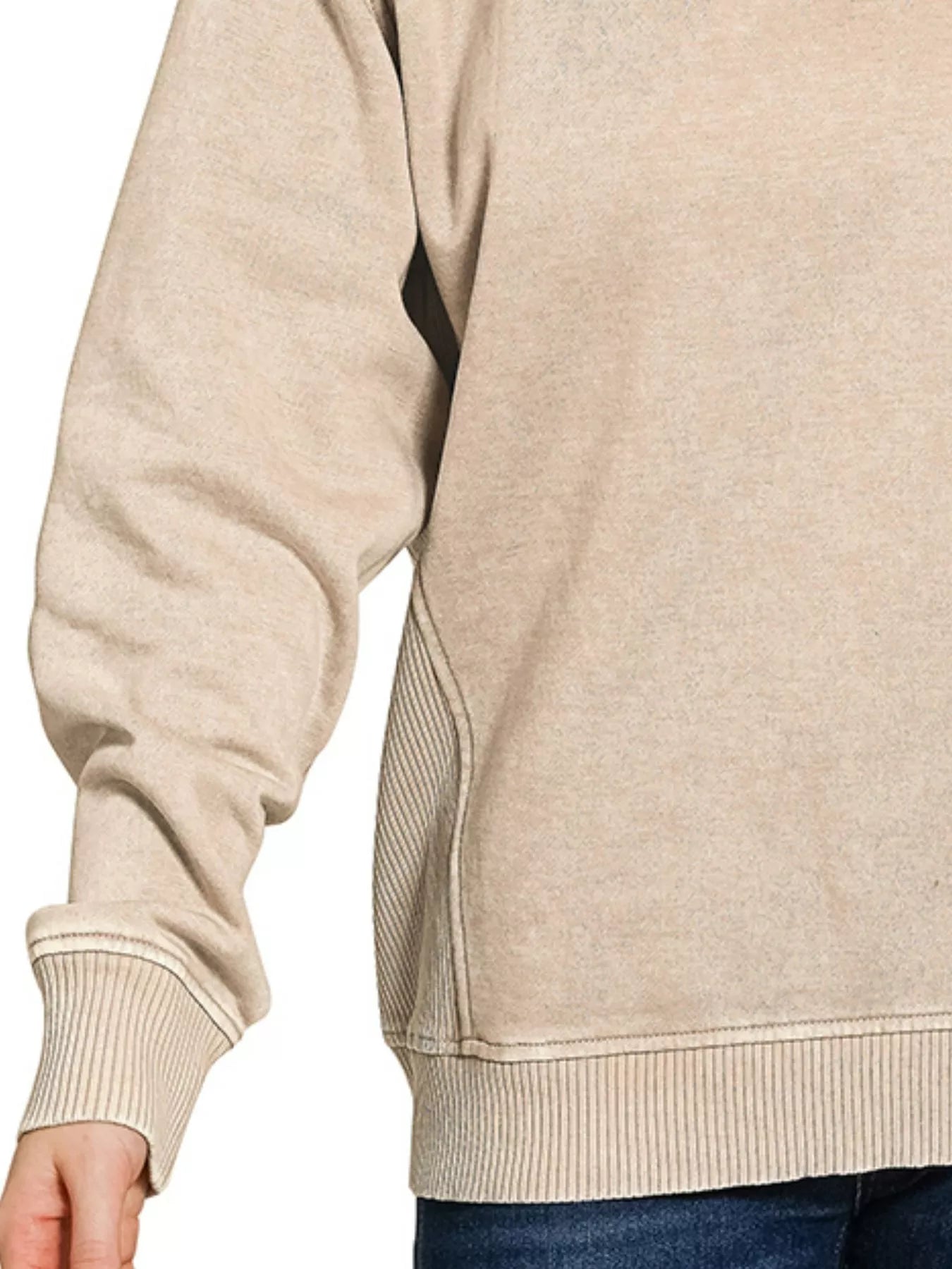 Zenana Acid Washed Fleece Side Ribbed Pullover Sweatshirt in Ash Mocha