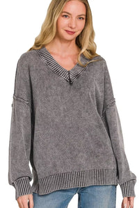 Zenana Washed V-Neck Oversized Sweater - Black