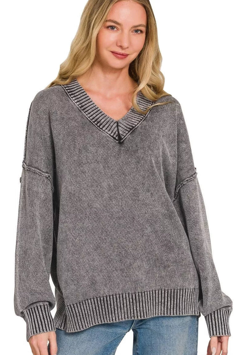 Zenana Washed V-Neck Oversized Sweater - Black