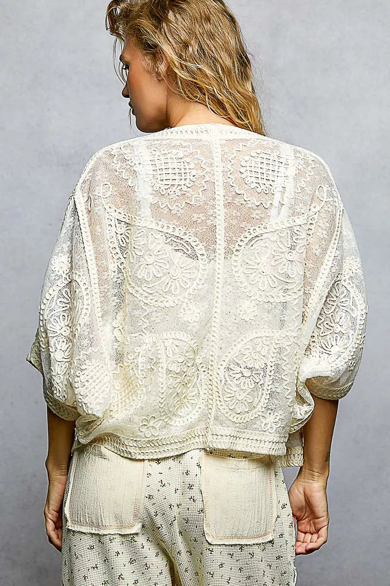 POL Open Front Crochet Cardigan with Floral Embroidery