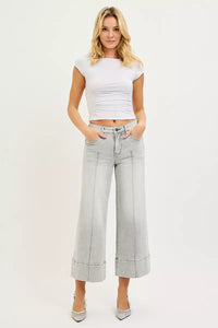 Risen Mid Rise Light Grey Tummy Control Crop Wide Leg Pintuck Front Jeans