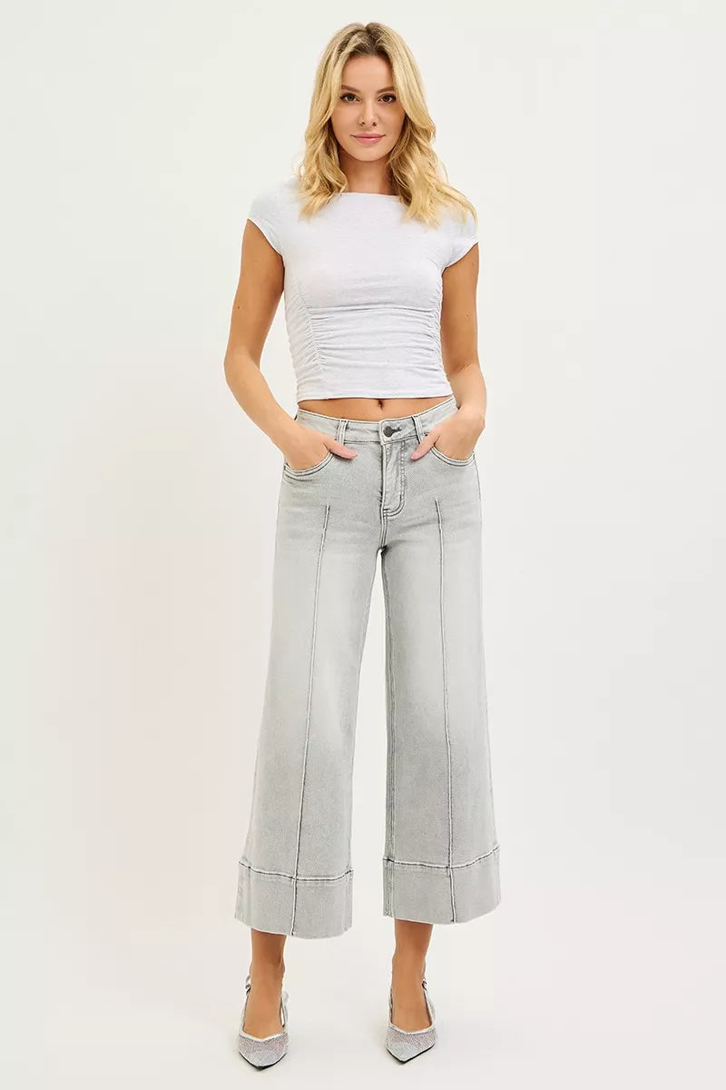Risen Mid Rise Light Grey Tummy Control Crop Wide Leg Pintuck Front Jeans