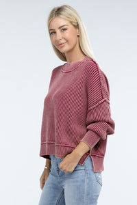 Ribbed Exposed Seam Round Neck Dropped Shoulder Sweater