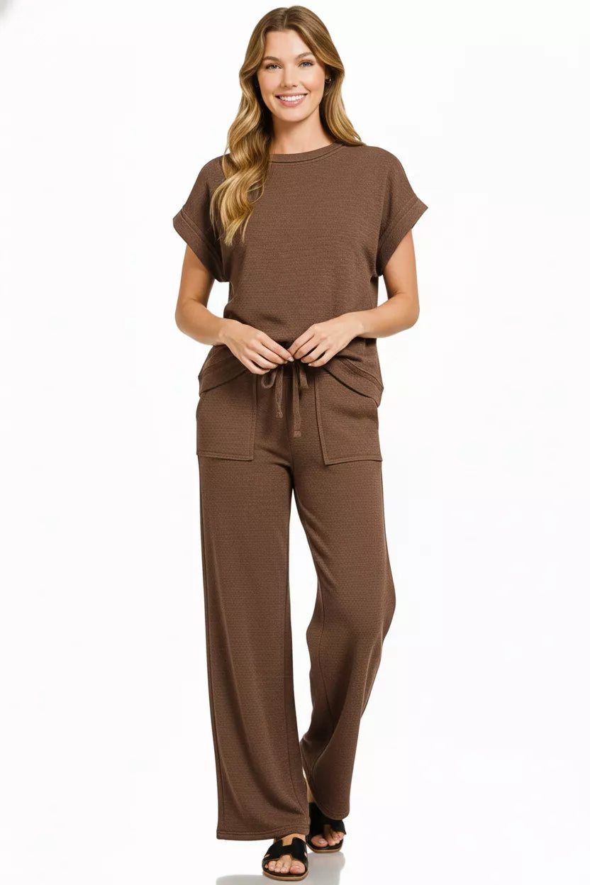 Cotton Slub Short Sleeve Tee and Pants Set in Brown