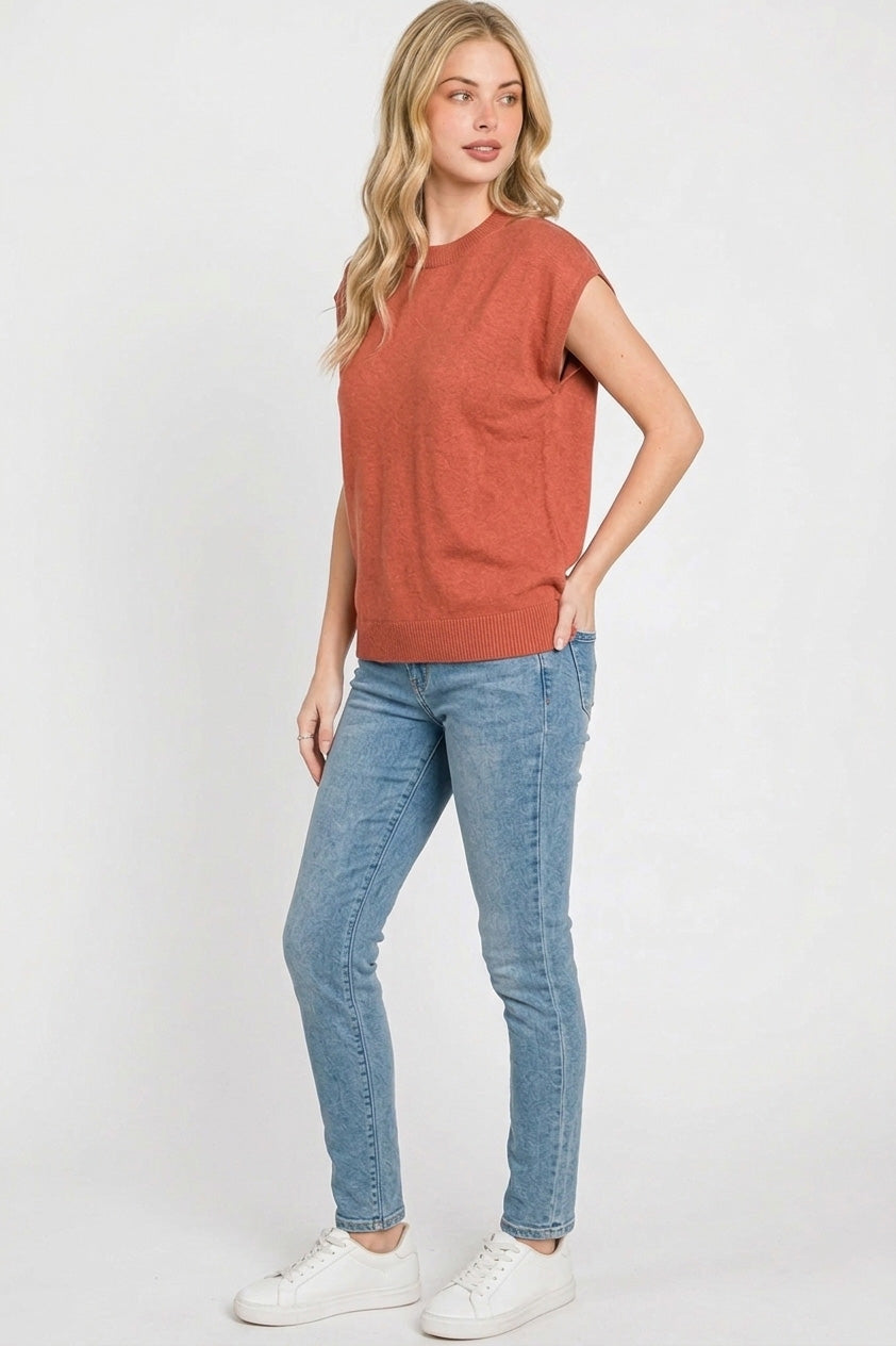 Zenana Viscose Round Neck Short Sleeve Sweater Knit Top in Rust