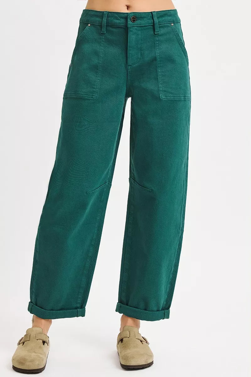Risen High Rise Hunter Green Ankle Cuffed Barrel Pants