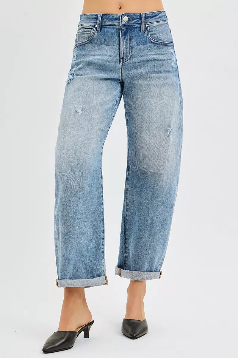 Risen Slouchy Ankle Length Cuffed Barrel Jeans