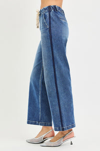 Risen High Rise Drawstring Waist Cropped Wide Leg Jeans