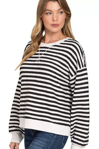 Zenana Striped Round Neck Sweatshirt