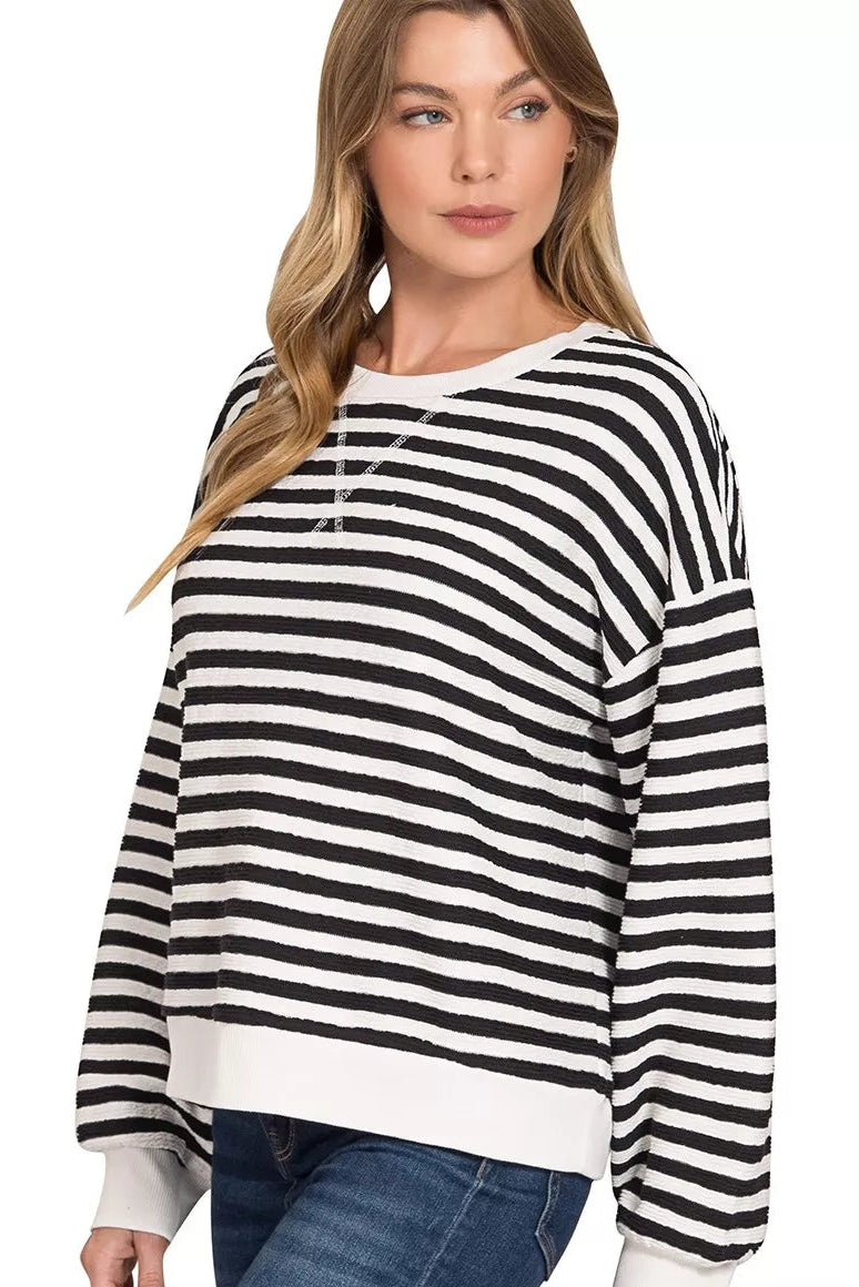 Zenana Striped Round Neck Sweatshirt