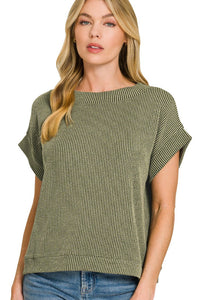 Zenana Raised Rib Cap Sleeve Top in Olive
