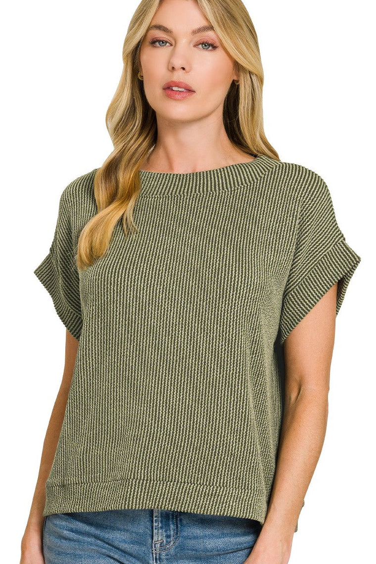 Zenana Raised Rib Cap Sleeve Top in Olive