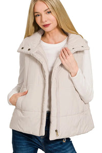 Zenana High Neck Zip-Up Vest Coat in Sand Beige
