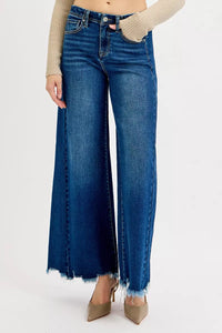 Risen High Rise Dark Wash Destroyed Hem Wide Leg Palazzo Jeans