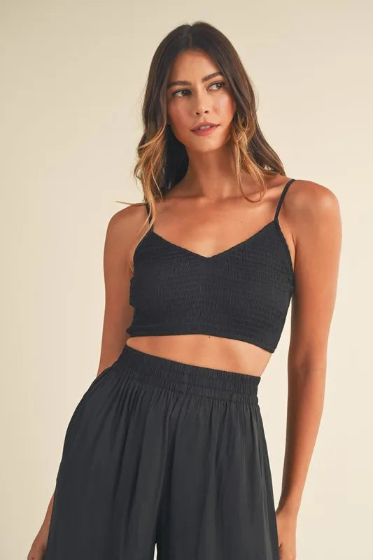 Mable Smocked Bralette Crop Top and Wide Leg Pants Set in Black