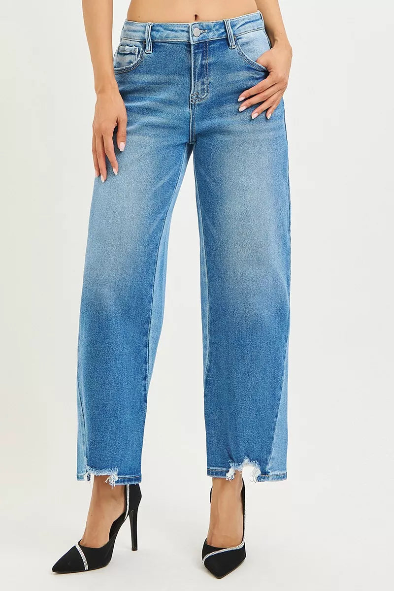 Risen Mid Rise Slouchy Cropped Contrast Barrel Jeans