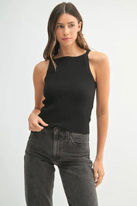 Black High Neck Ribbed Knit Tank