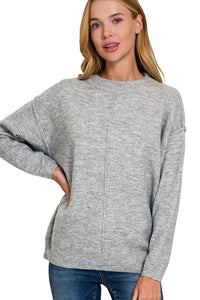 Zenana Melange Front Seam Round Neck Sweater