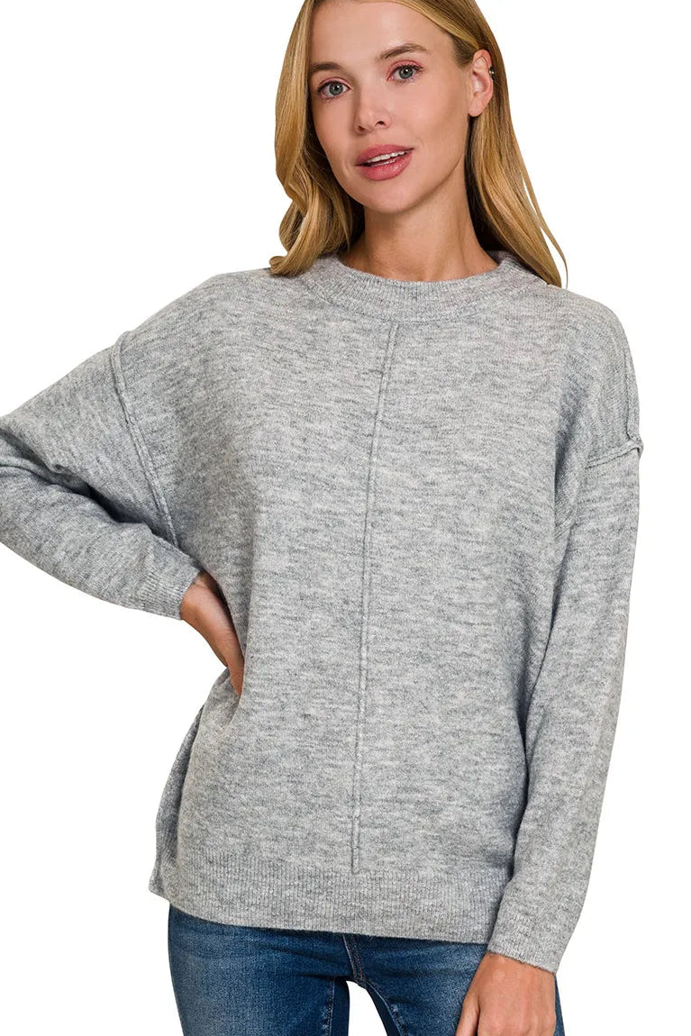 Zenana Melange Front Seam Round Neck Sweater