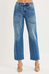 Risen Mid Rise Patch Pocket Barrel Jeans