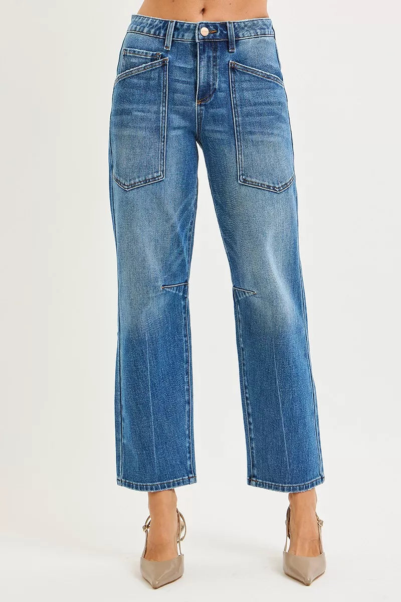 Risen Mid Rise Patch Pocket Barrel Jeans