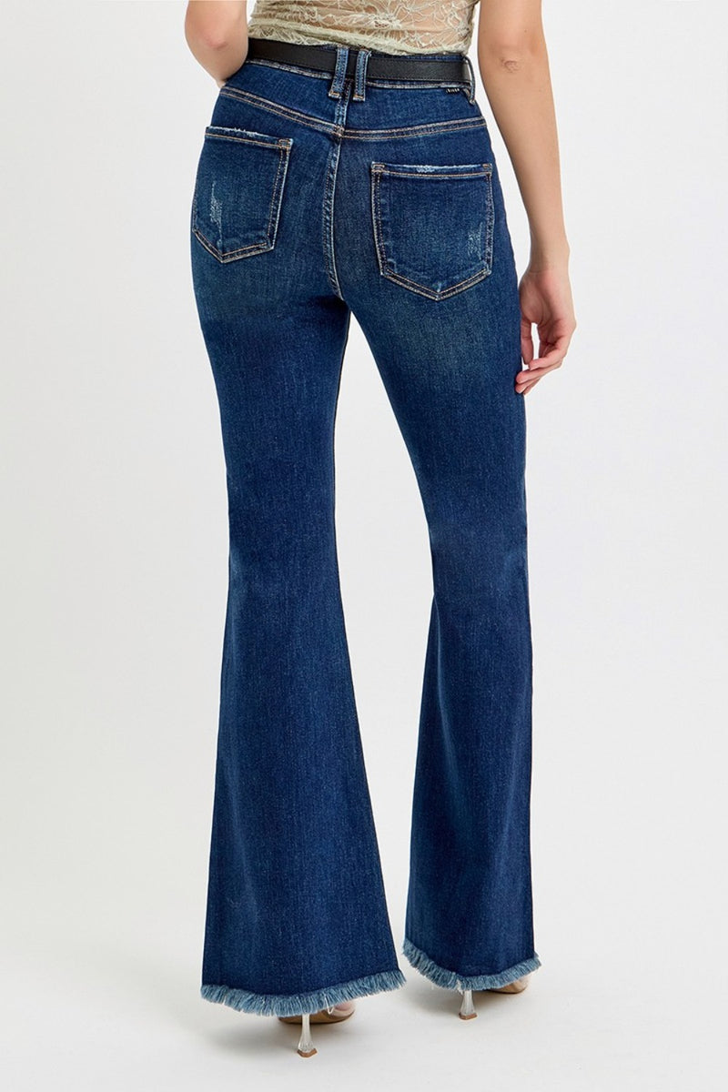 RISEN High Rise Tummy Control Frayed Hem Flare Jeans