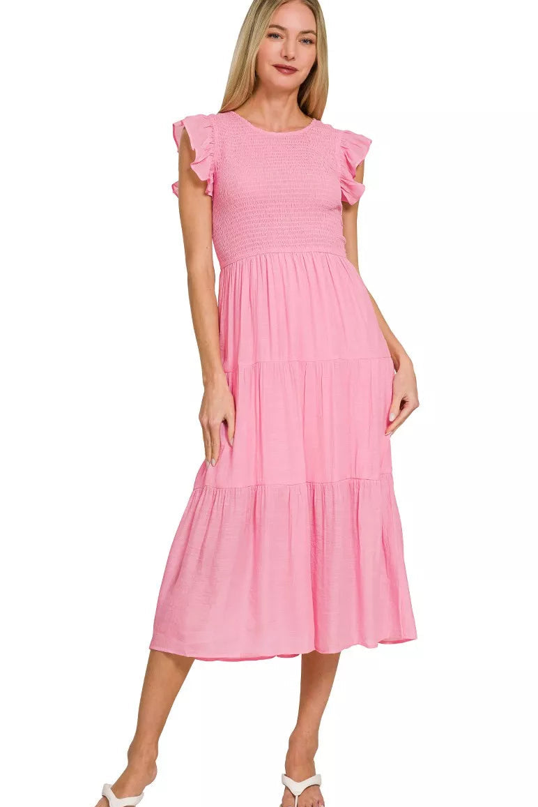 Woven Smocked Ruffle Sleeve Midi Dress in Candy Pink