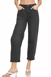 Zenana Mid Rise Barrel Leg Cropped Jeans in Black