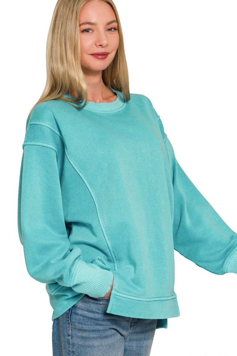 Zenana Pigment Dye Exposed-Seam Fleece Sweatshirt in Turquoise