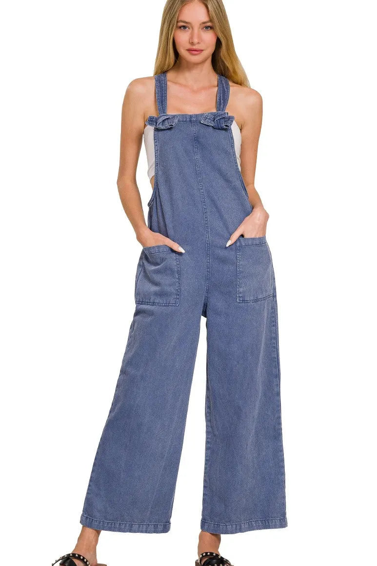 Washed Knot Strap Relaxed Fit Overalls in Blackberry