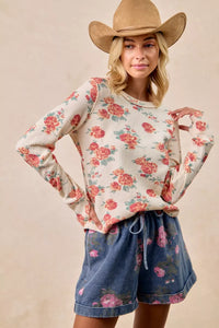 Bibi Floral Print Washed Waffle Knit Thermal Top