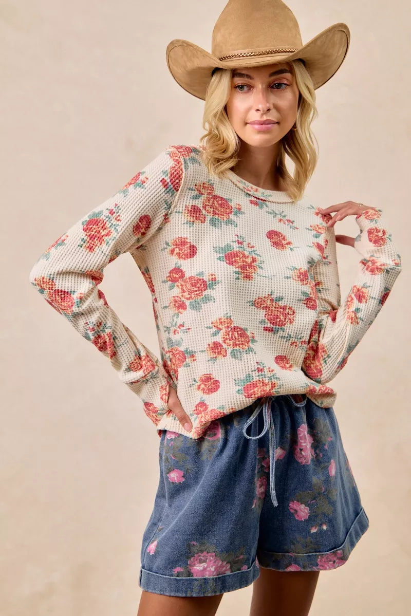 Bibi Floral Print Washed Waffle Knit Thermal Top