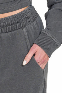 Zenana Washed French Terry Pullover & Pants Set in Black