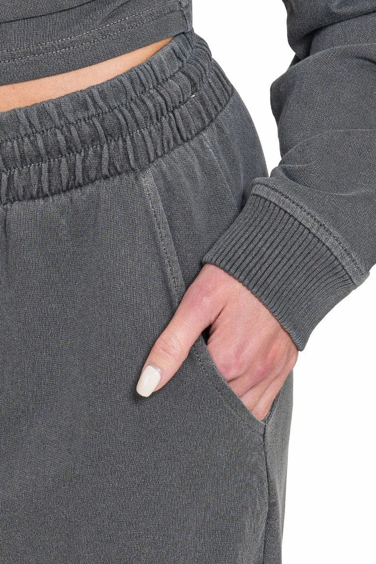 Zenana Washed French Terry Pullover & Pants Set in Black