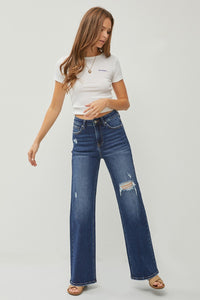 RISEN High Rise Dark Wash Distressed Wide Leg Jeans