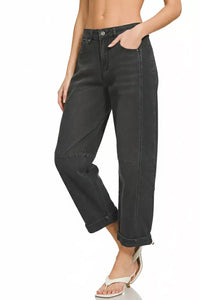 Zenana Mid Rise Barrel Leg Cropped Jeans in Black