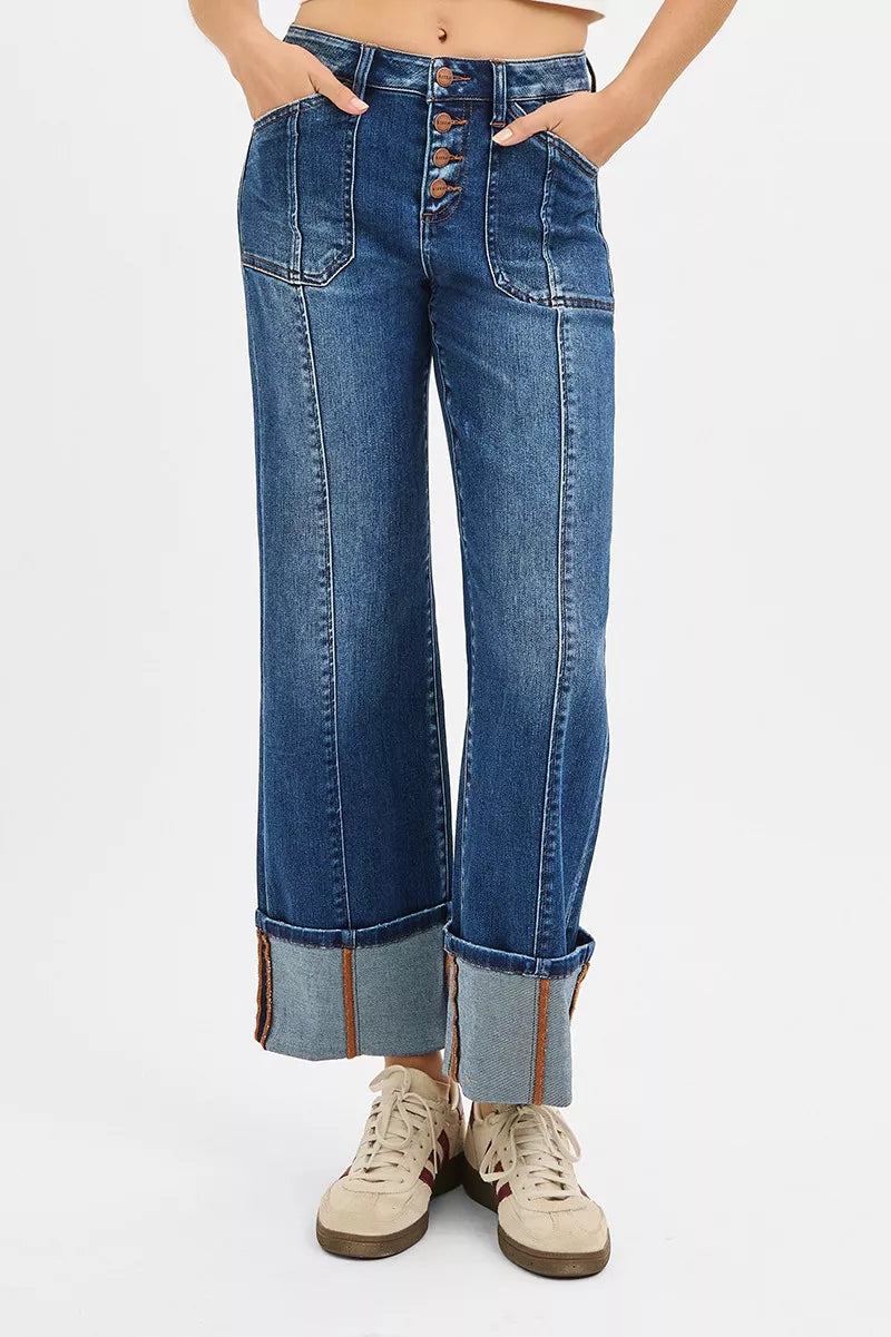 Risen High Rise Crop Wide Straight Cuffed Jeans