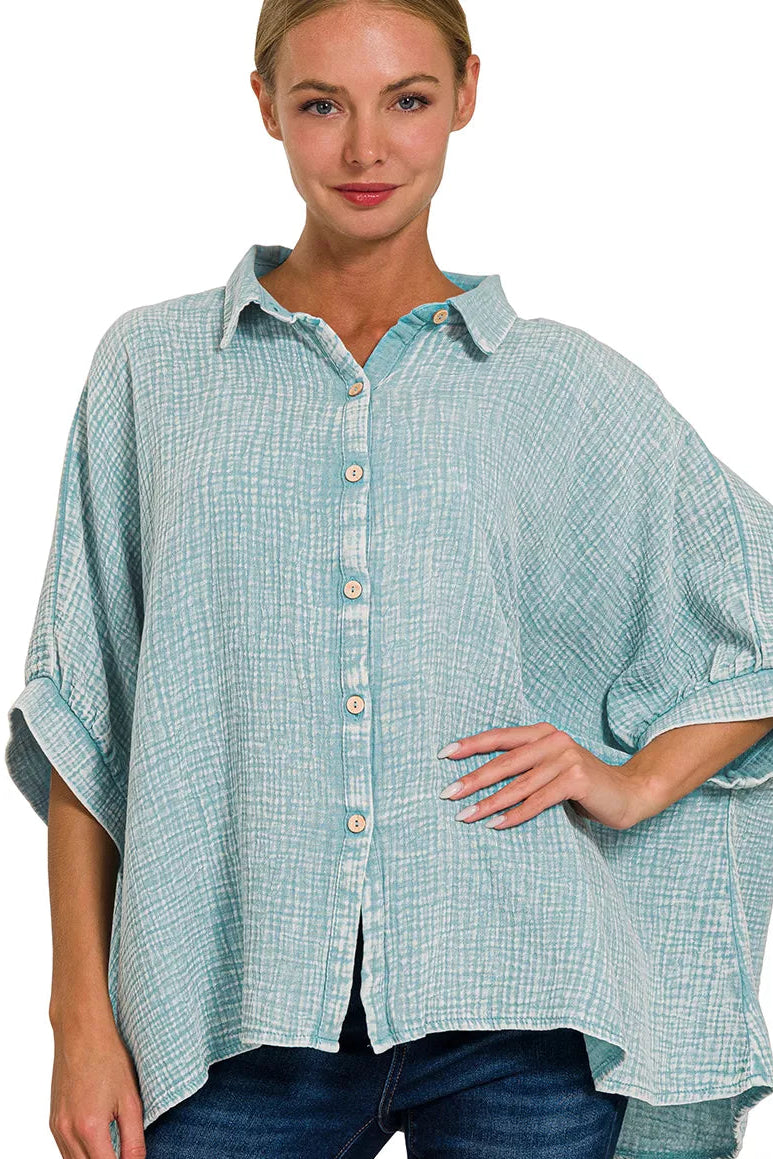 Zenana Washed Double Gauze Button Down Shirt in Dusty Teal