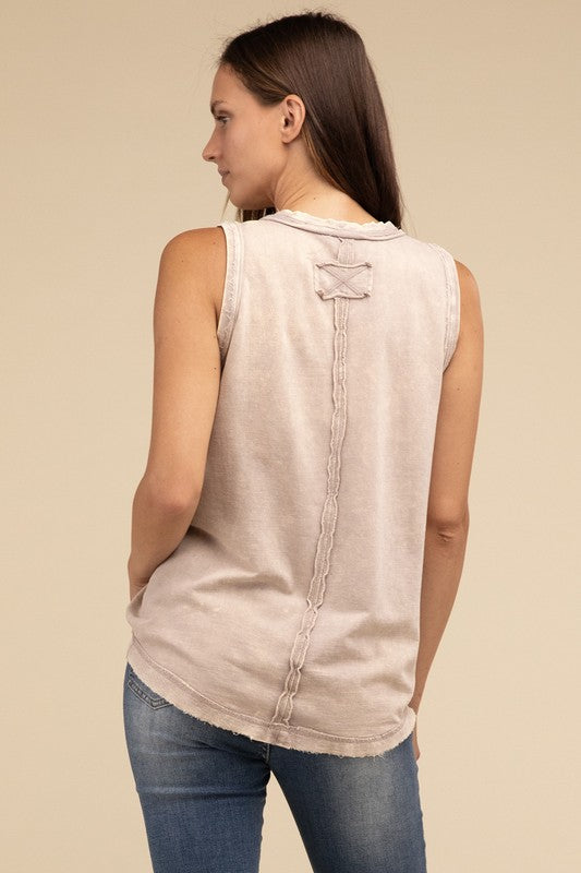 Washed Half-Button Raw Edge Sleeveless Henley Tank