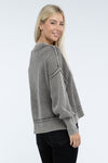 Ribbed Exposed Seam Round Neck Dropped Shoulder Sweater