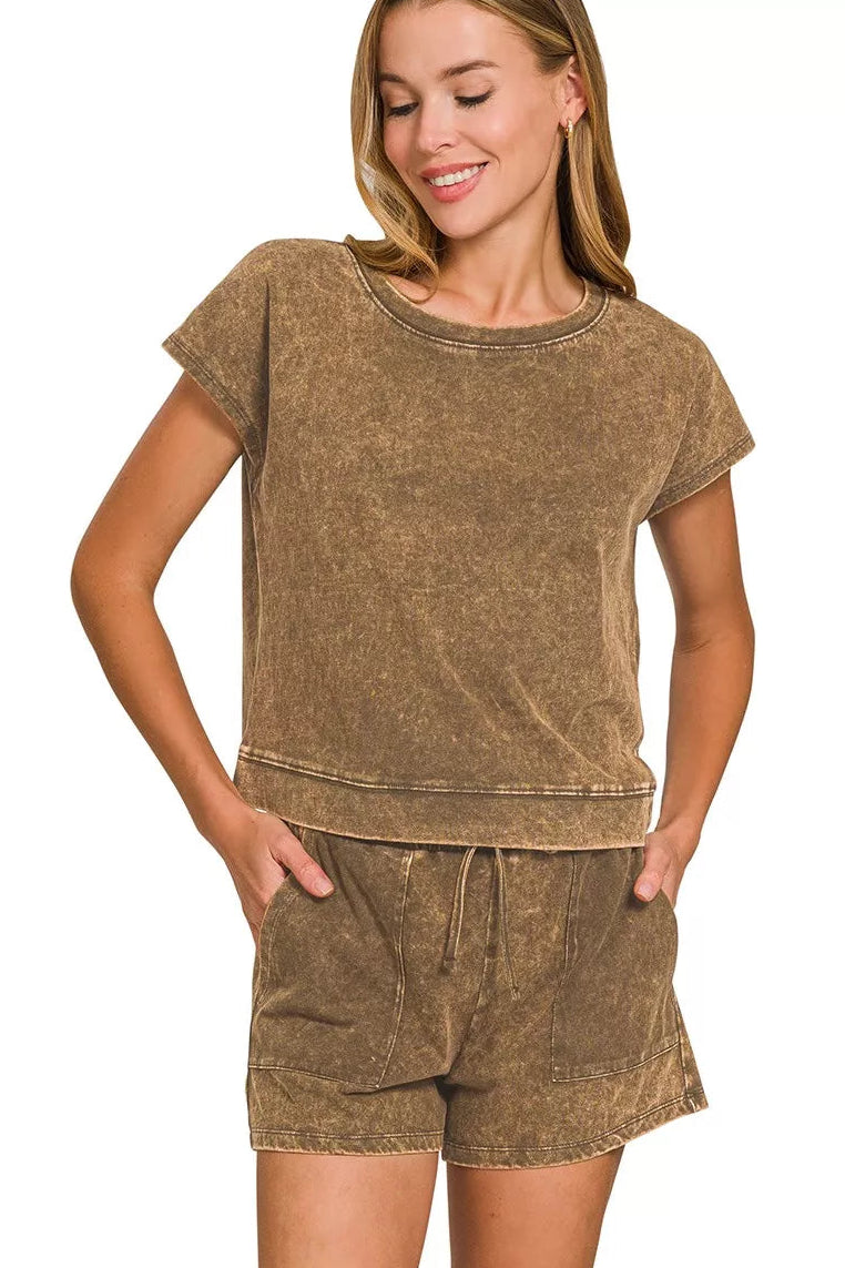 Zenana Premium Cotton Vintage Washed Tee & Shorts Set in Brown