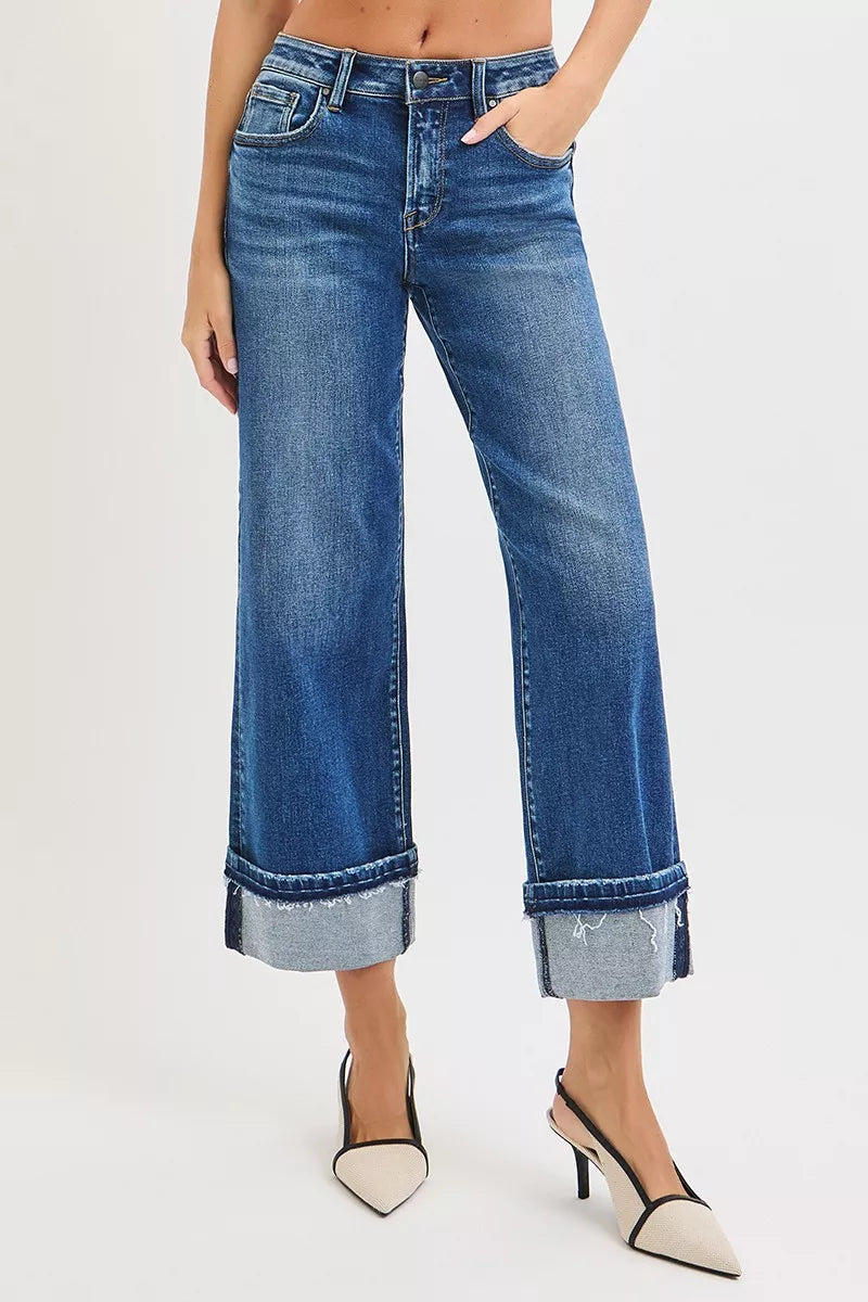 Risen Mid Rise Ankle Straight Cuffed Jeans